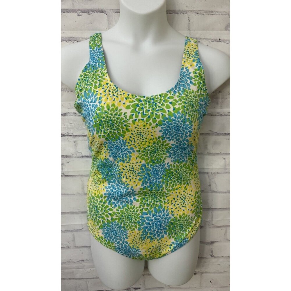 L.L. Bean‎ Women’s Size 18 One Piece Swimsuit Slimming UPF 50 Blue Green Floral